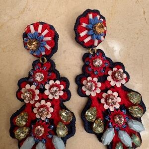 Floral Beaded Drop Earrings - Red, Navy & Multicolor